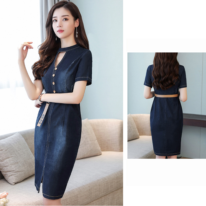ĐẦM JEAN BODY KHOÉT CỔ ĐÍNH NÚT